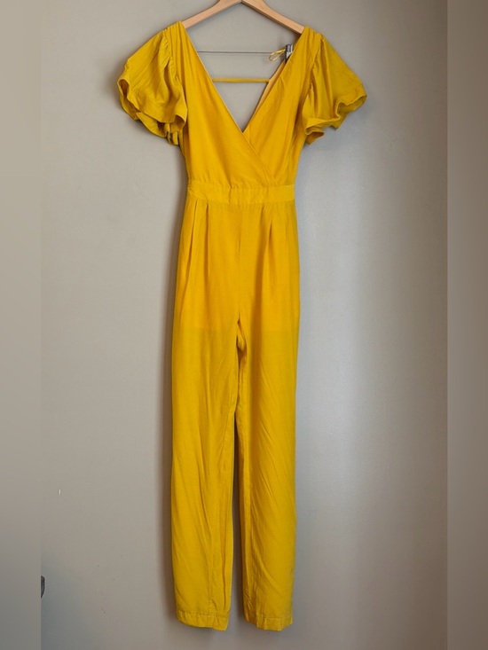 Endless Rose Pants - Endless Rose Flounced Sleeve V Neck Jumpsuit Yellow Wide Leg Size Small NWT